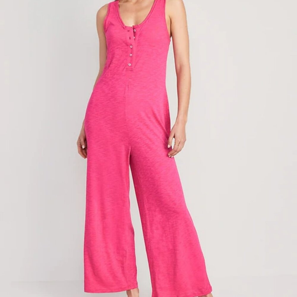Sunday Sleep Sleeveless Slub-Knit Henley Jumpsuit
